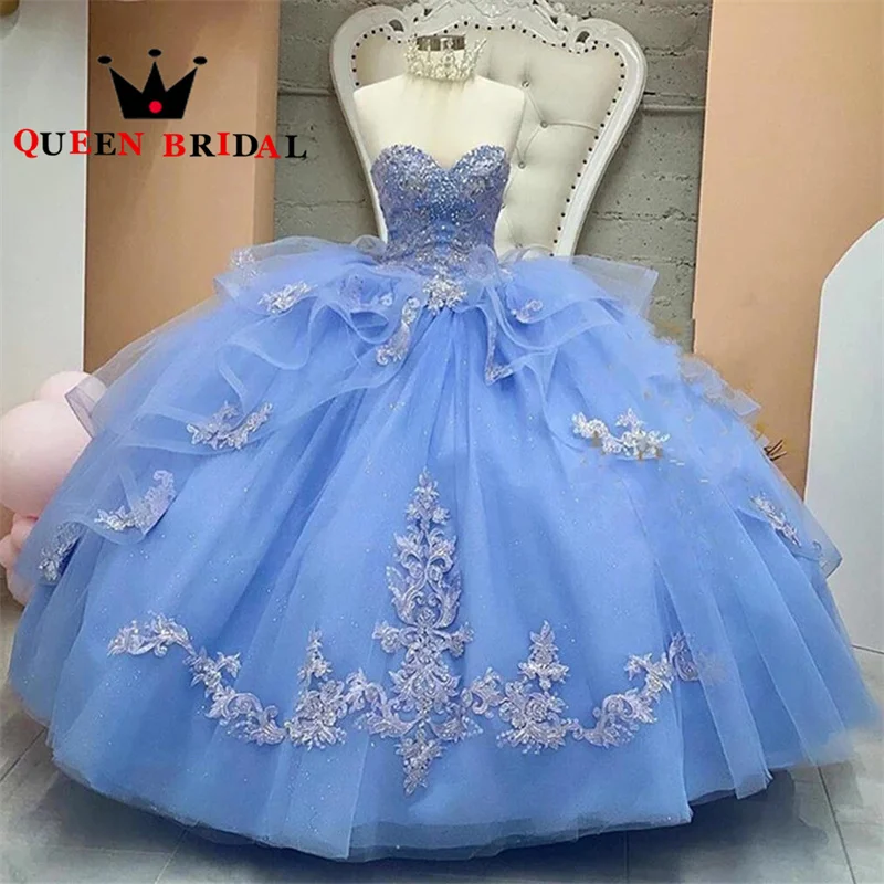 Aplikácie čipky modré ruffles Tulle quinceanera šaty zlatíčko bez rukávov prom plesové guľky Vestidos de quinceañera zvyk l47w