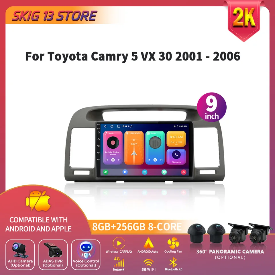 Apple Android 14 Car Radio Radio Multimedia Navigation Carplay Stereo pre Toyota Camry 5 VX 30 2001-2006 4G 2 DIN SCREE HLAVNÁ UNITA