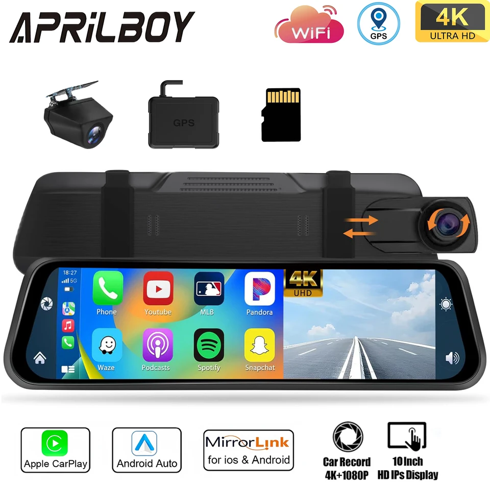 Apríl 10 '' 4K Mirror Dash Cam Dual Camera s bezdrôtovým CarPlay Android Auto Parking Assistance Loop Navigácia navigáciu
