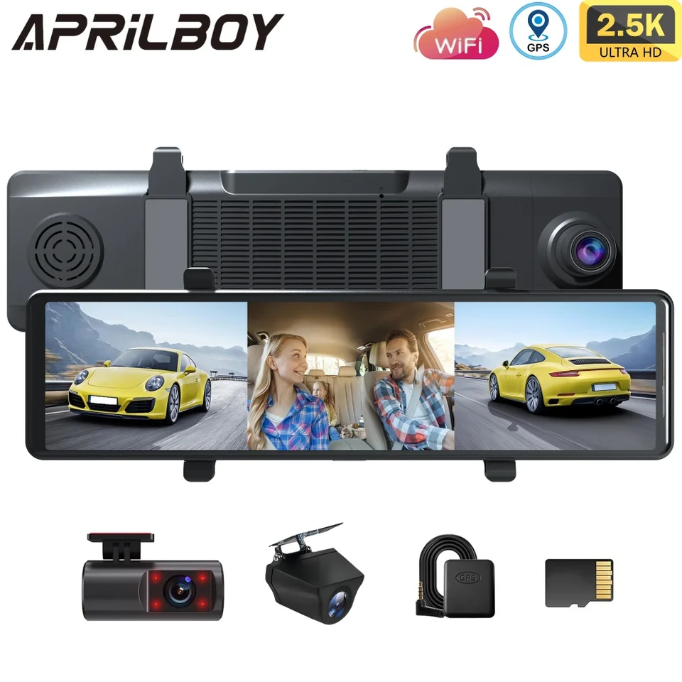 Apríl 12 '' 2,5K Mirror Dash Cam predná a zadná časť vo vnútri 3 kanála s GPS WiFi Night Vision Loop Nahrávanie streamingových médií