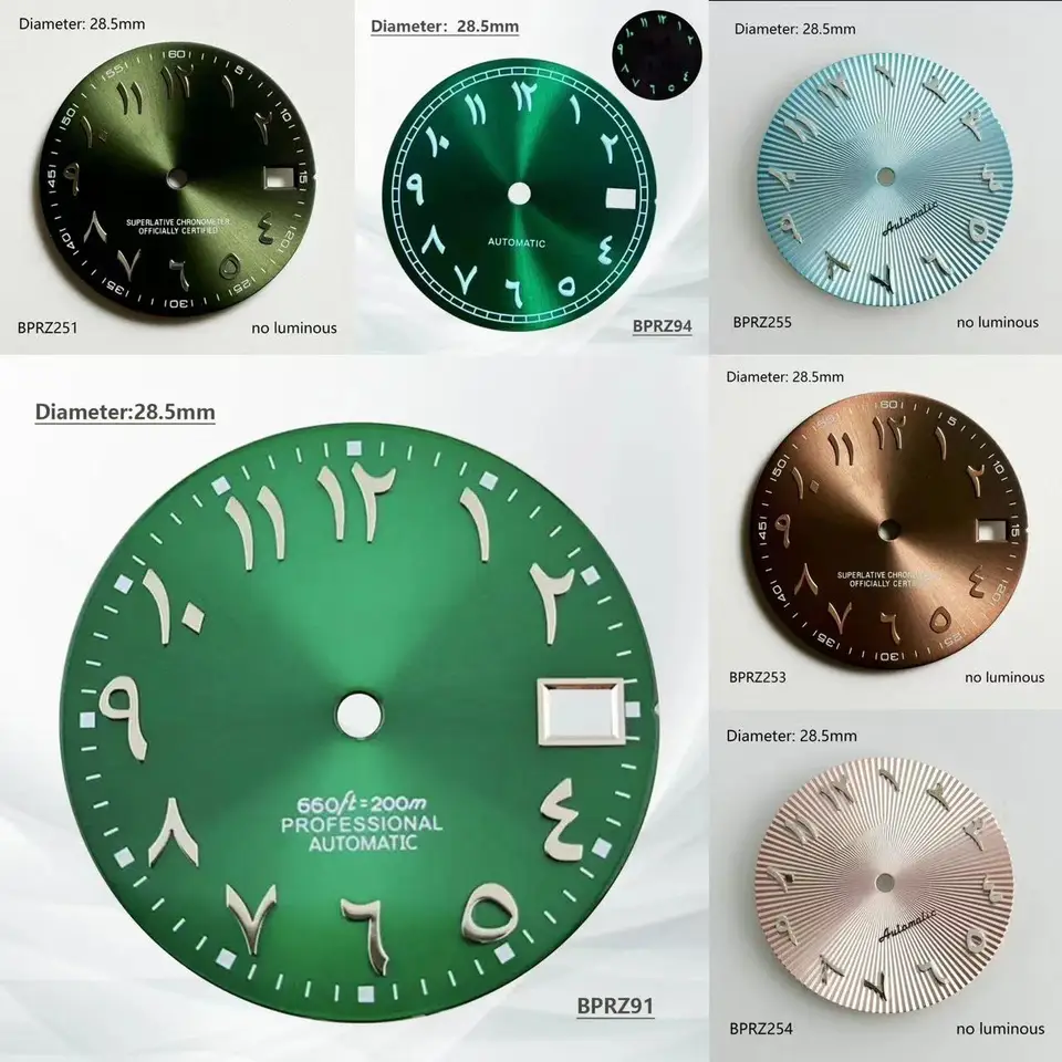 Arabické logo S 35 28,5 mm NH Dial 35 Automatický mechanický pohyb Čierne zelené strieborné nesvetlé arabské číslice predávajúce číselník