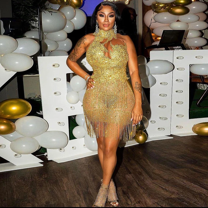 Arabské aso ebi zlaté plesové šaty čipky s vysokým krkom Styy sexy večerné šaty africké formálne párty šaty plus veľkosť 2022