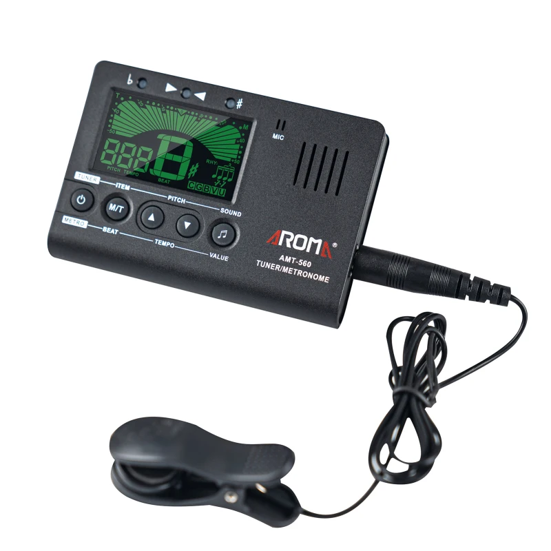 ARAMA AMT-560 Elektrický tuner a vstavaný mikrofón s metronómom s vyzdvihnutým káblom 6,3 mm pre gitarové chromatické basové husle UKULELE Universal