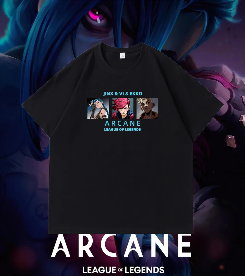 Arcane 2 Jinx VI EKKO T TRIRNY TRENDY MEN Ženy HORKY Anime Tričko Nadmerná bavlnená liga legendy legendy Príležitostné voľné unisexové top TEE TEE