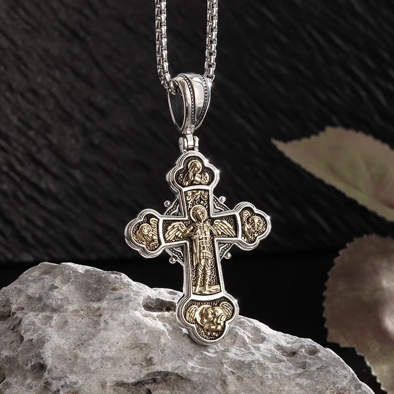 Archanjel Michael Cross Pendant Vintage Katolícky náhrdelník Pánske a ženské náboženské modlitby viera Amulet Amulet