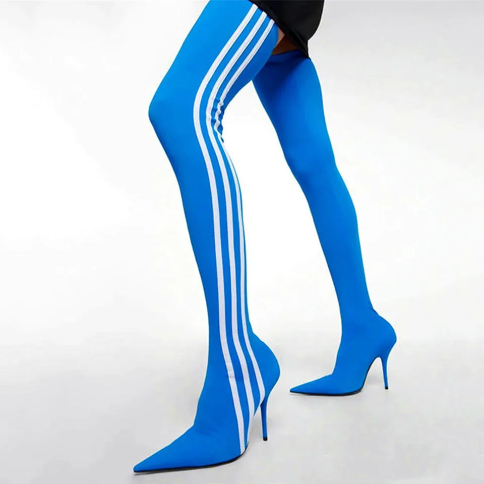 Arden Furtado Sexy elastické pančuchové topánky špicaté päty päty Stiletto Stripe Skinny stehno High Boot ultra-vysoký nad kolennými topánkami
