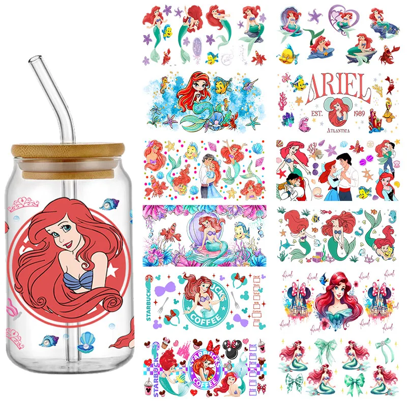 Ariel Mermaid Princess 16oz UV DTF Cup Wrap Cartoon Glass Glass Can Trubler Transfer Stickers Vodotesné trvalé lepidlo