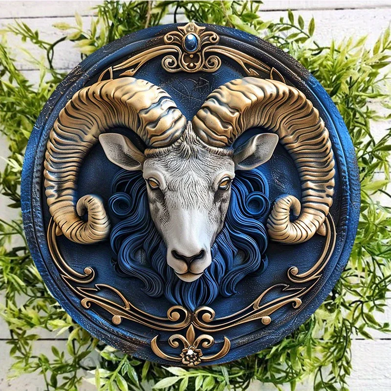 Aries Zodiac Ram Hliníkový dekor, okrúhly kovový znak nepremokavý a poveternostný umelecký dverový vešiak alebo dekorácia veniec
