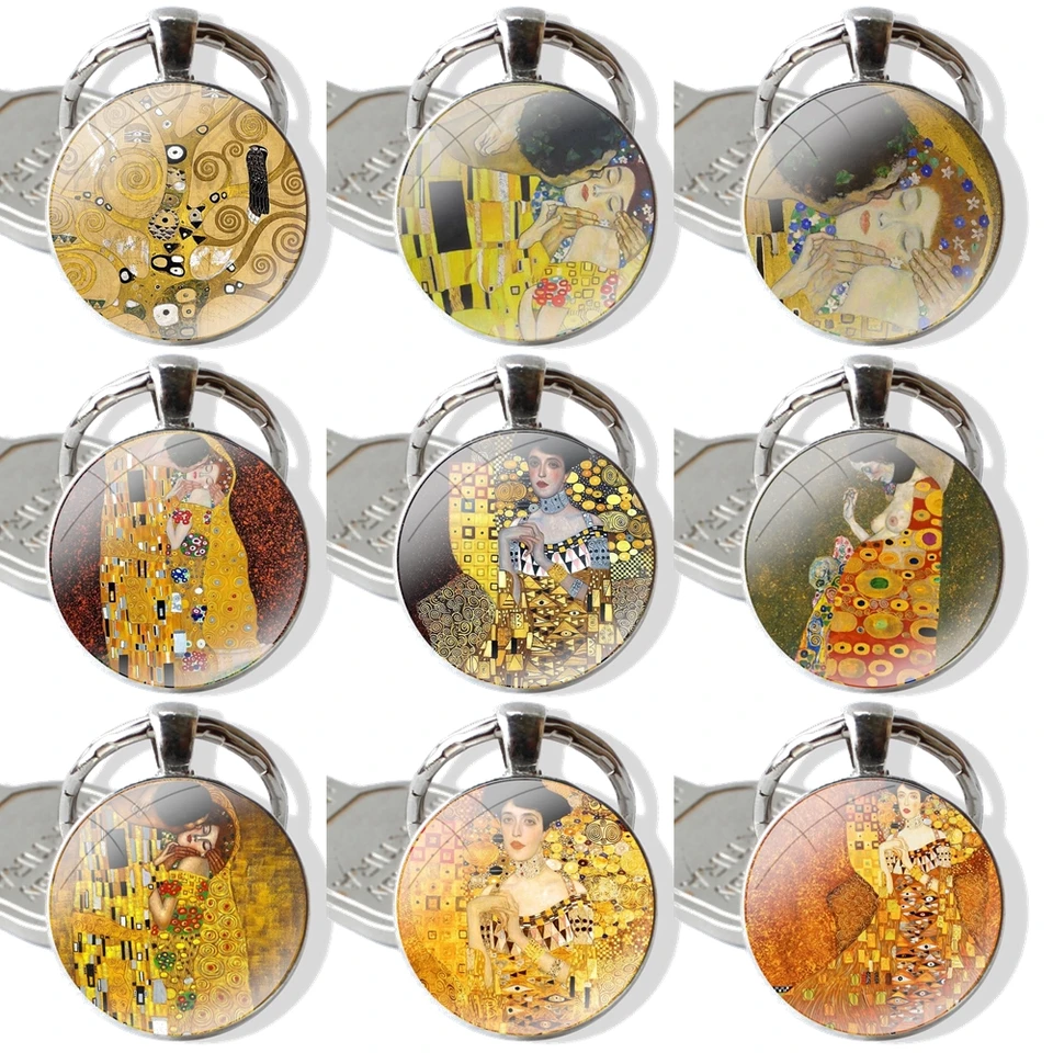 Art The Kiss Gustav Klimt Keychain Ručne vyrobený sklenený sklenený držiak kľúča kľúča kľúča kľúče