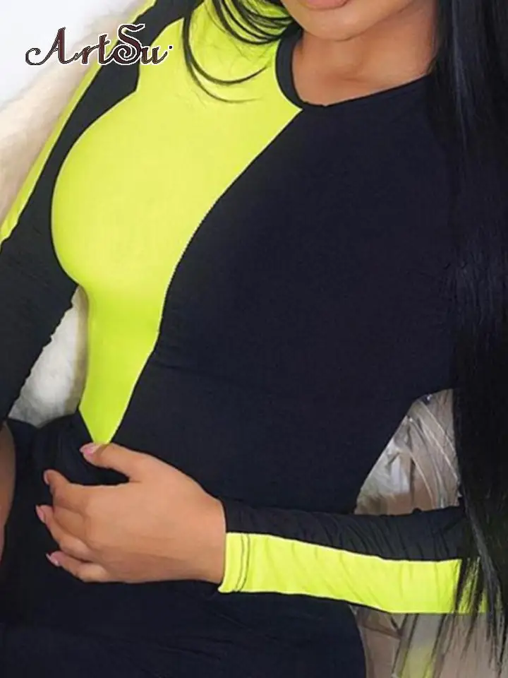 Artsu neón zelený oranžový telescon kombinézy Ženy s dlhým rukávom Bodysuit Rave Festival Sexy Rompers Streetwear Bodies Mujer