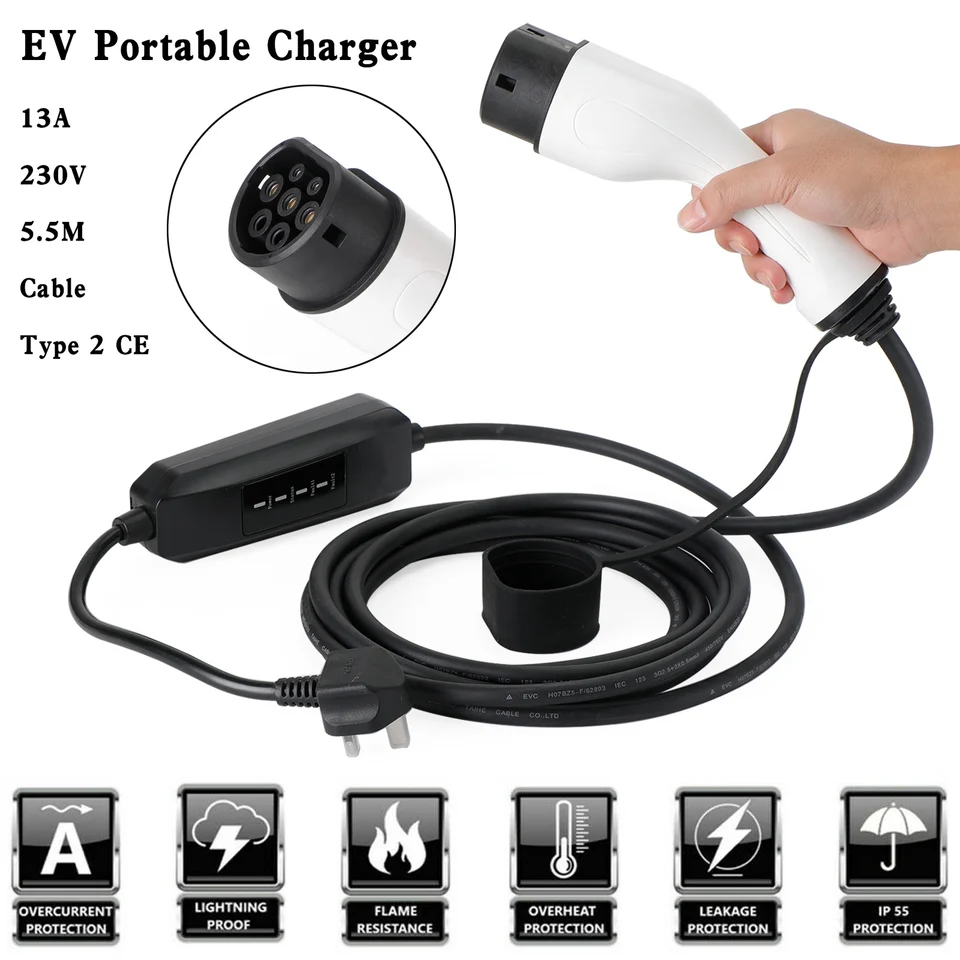 ArtudATech Protovateľ 13A EV nabíjanie kábla typu 2 UK Zátka 3 Pin Electric Car Charger 5,5 m