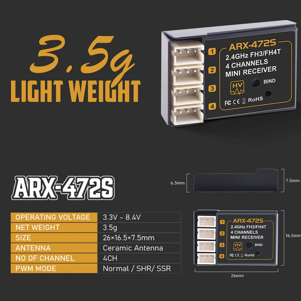ARX-472S Mikro veľkosť fh3 fH4T kompatibilný 2,4 GHz prijímač modul pre mini Z GLA RC Cars M12 M11x Exzes x MT-4 GEMINI X MT-S MT-4S