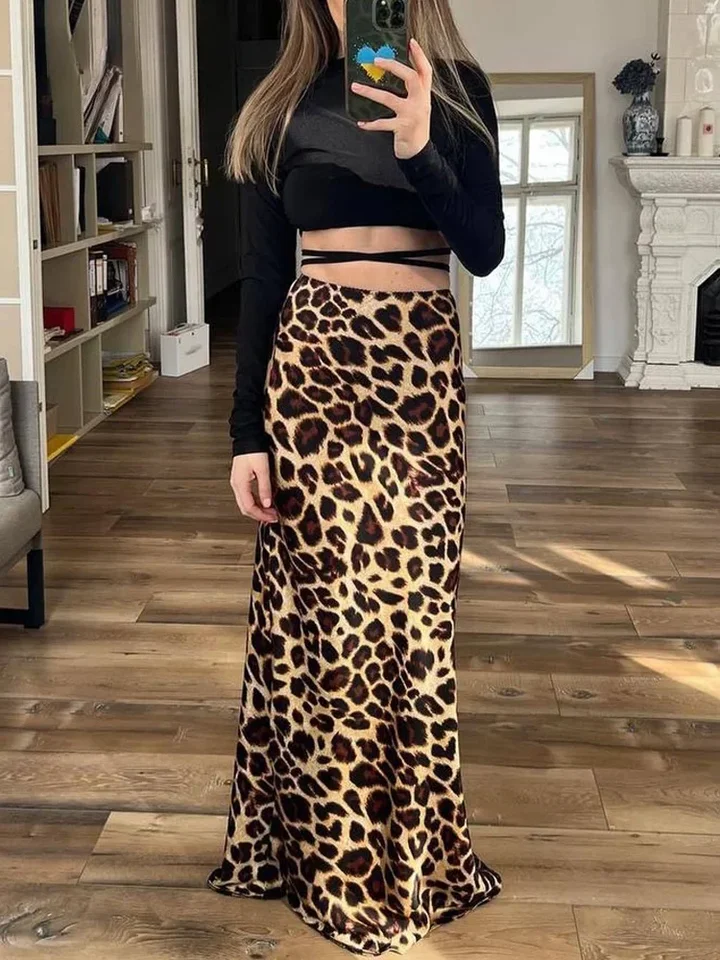ASDS 2024 Vintage Dámska leopardová tlač saténovej sukne Žena letný pás Midi sukňa Žena módne elegantné dlhé sukne
