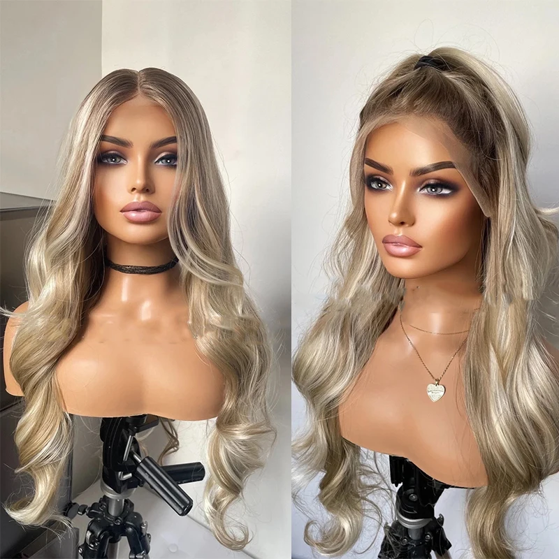 Ash Platinum Blonde Mix Syntetická čipka parochne Dark Roots s vopred realistickou prírodnou vlastnou vlastnou parochňou pre ženy na vlasy alop parochňa