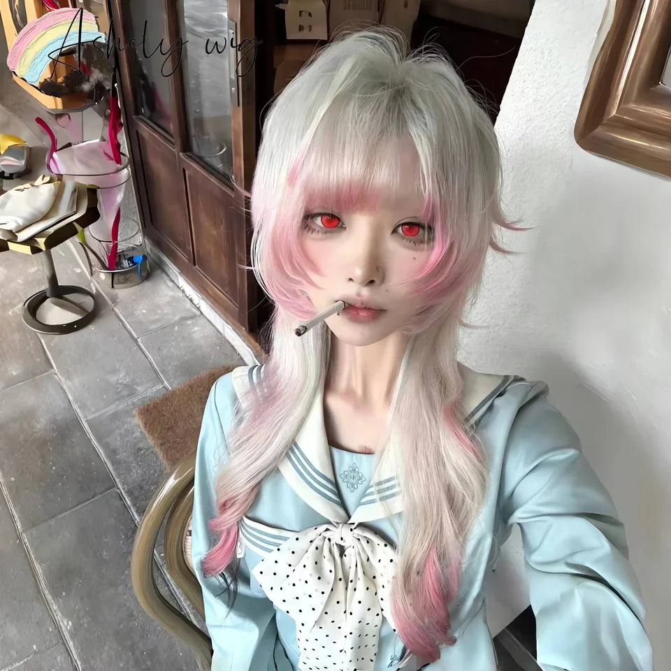 Ashely Parochňa ženská ružová a biela zvýrazňuje medúzy dlhé kučeravé vlasy Cosplay y2k vysokej úrovne simulačnej čelenky parochňa sissy