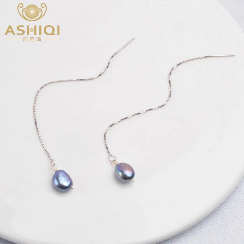 Ashiqi 925 Sterling Silver Silver Dlhá náušnica pre ženy pre ženy Prírodné darčeky pre sladkovodné perly pre nový rok