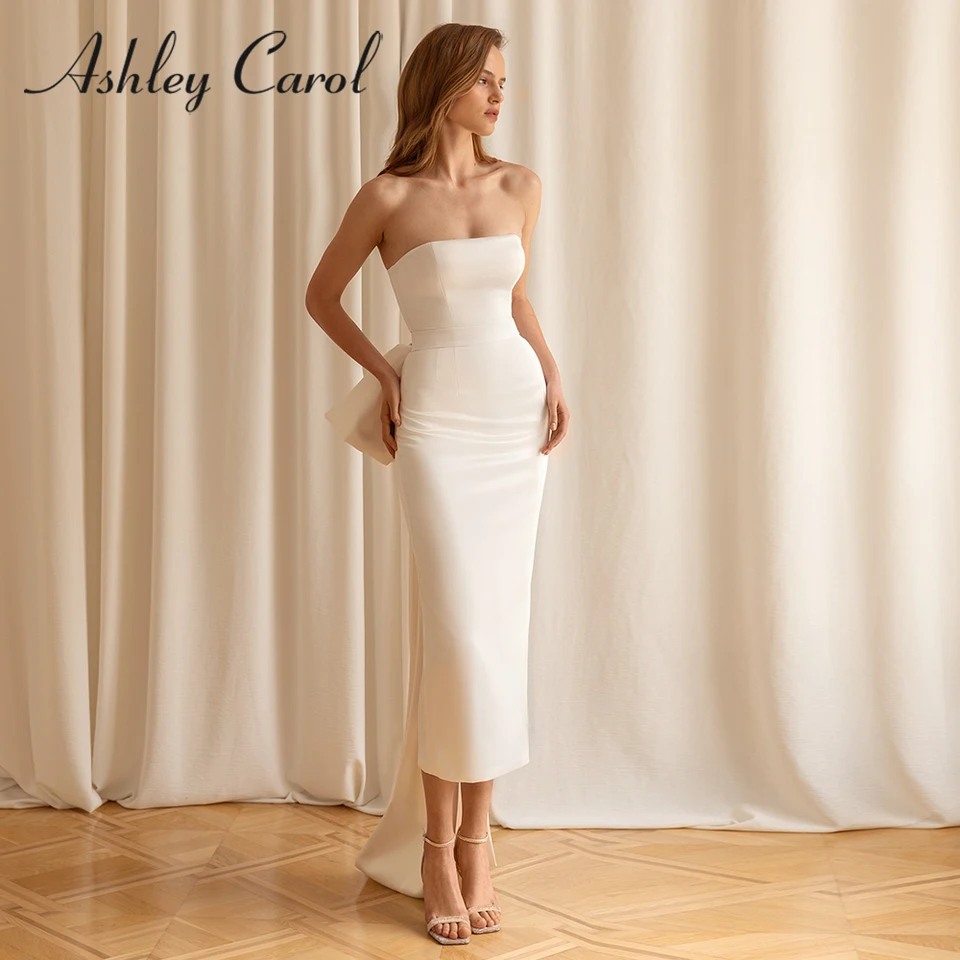 Ashley Carol Mermaid Svadobné šaty pre ženy Sexy saténové remienky bez rukávov bez rukávov v polovici kála Svadobné šaty Vestidos de Novia