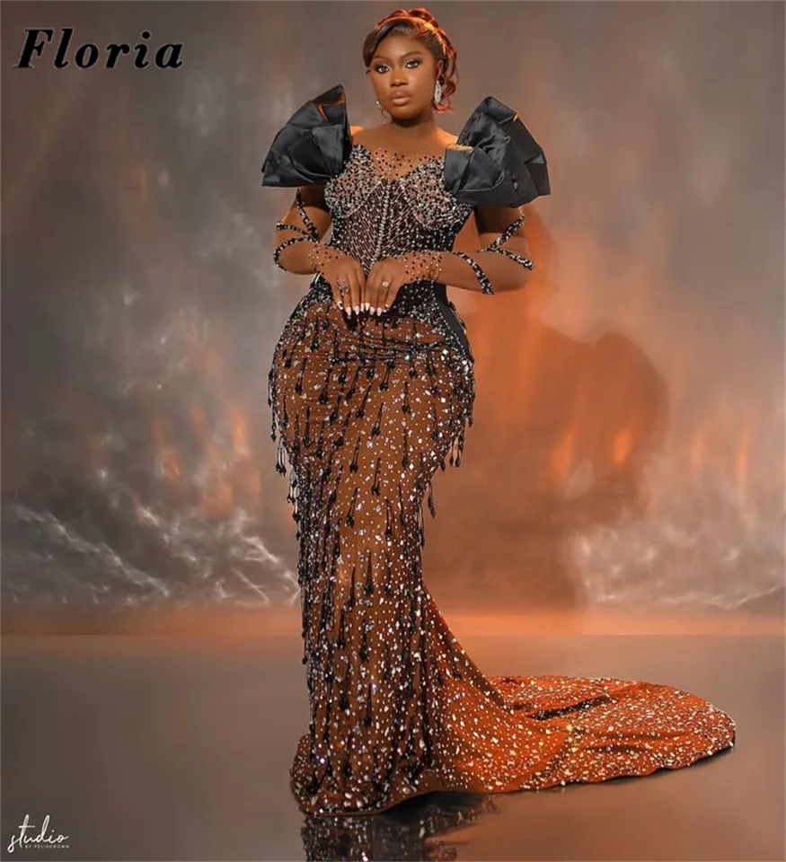 ASO EBI Black Plné korálkové večere Mermaid Večerné šaty Prispôsobené 2025 Saudská Arábia Dubaj Svadobné šaty Kryštály Koktaily