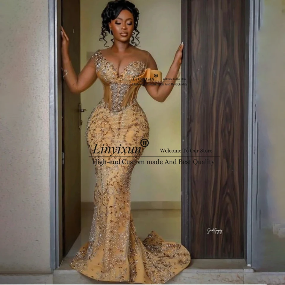 Aso ebi ples šaty dlhé rukávy Flitry korálky morská panna večer Luxusné zlato Prispôsobené svadobné hostiny Druhé šaty