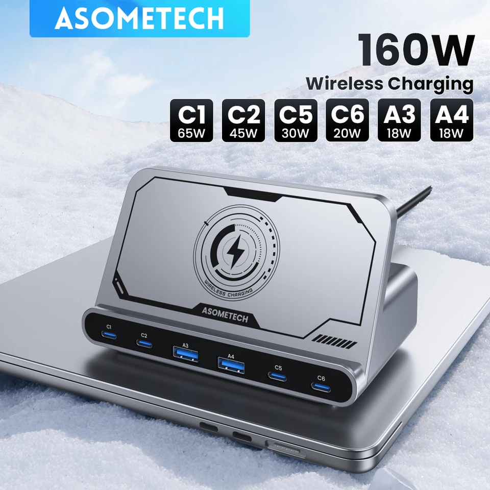 AsomeTech 160W USB Nabíjacia stanica 7 v 1 Wireless Charger 65W 45 W PPS PD Typ C Rýchly poplatok za MacBook iPad iPhone 16 Samsung