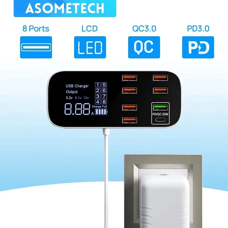 Asometech 8 Port Desktop nabíjačka USB nabíjačka s LED displejom QC3.0 PD3.0 Fast USB nabíjanie pre iPhone 14 13 Pro Xiaomi