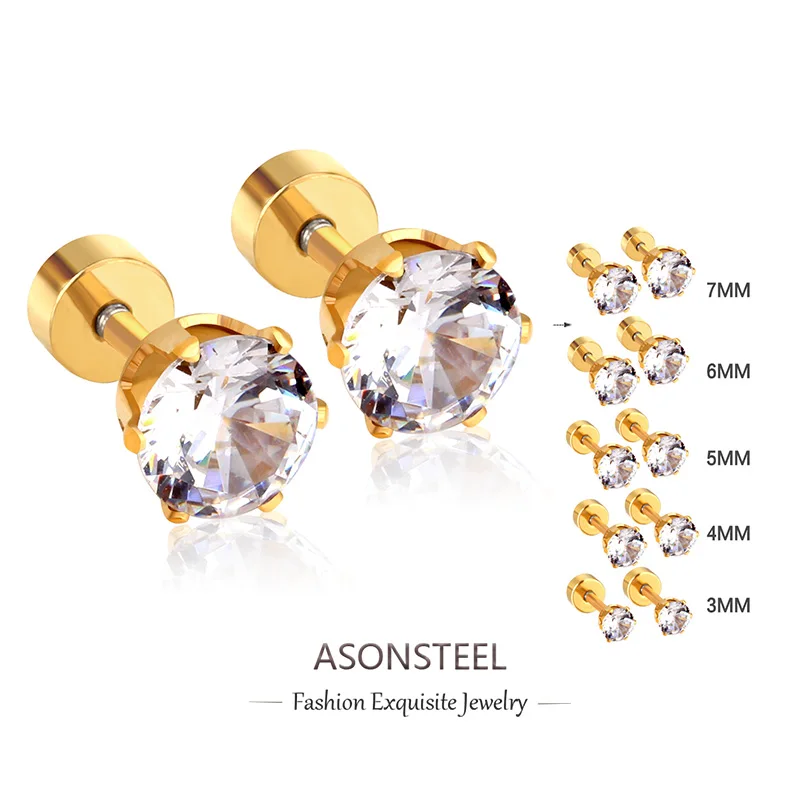 ASONSTEEL 12PAIRS/LOT ROUND COBIC Zirkónia Štuľba Veľkosť náušníc 3-7 mm z nehrdzavejúcej ocele Zlatá farba Zlato skrutkovača náušnice šperky vodotesné
