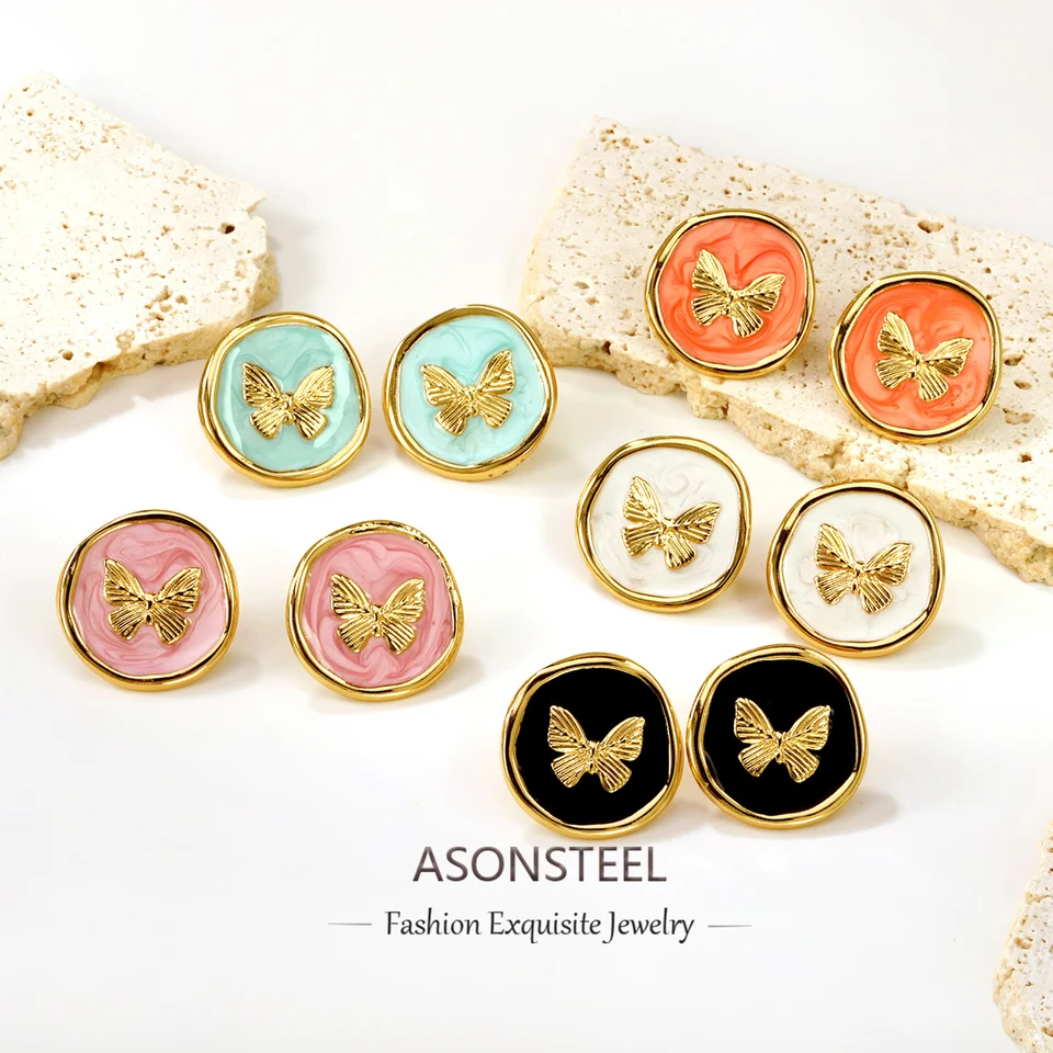 Asonsteel francúzska elegancia Round Anti-Alergic Stud náušnice motýľový vzor z nehrdzavejúcej ocele Romantické večierky Prom doplnky