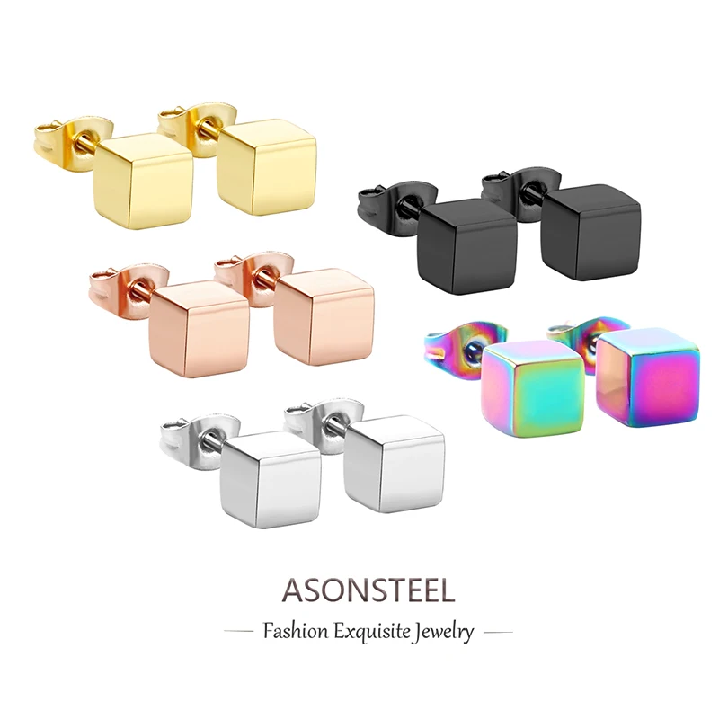 ASONSTEEL TRUDNY SQUARS NÁKUMY Sladké kocka Piercing Stud Cuck Cuinless Ocel for Women Girl Geometric Jewelry Accessories
