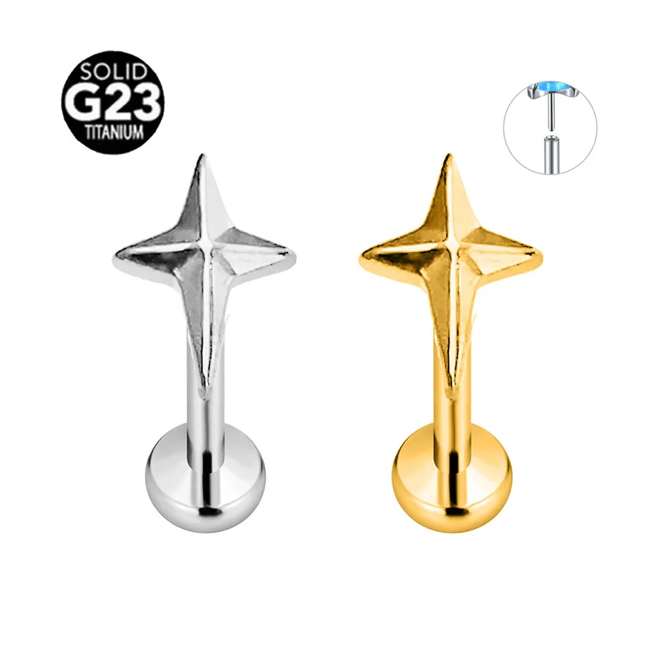 ASTM F136 G23 Titanium Star Cross bez závitu Piercing Pin Push In Lip Stud Daith Conch Tragus ploché zadné náušnice 16G 18G 20G