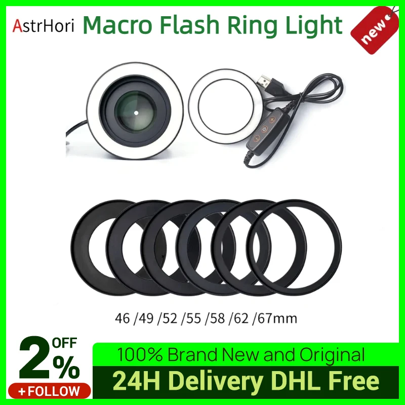 Astrhori 46 mm 49 mm 52 mm 55 mm 58 mm 62 mm 67 mm makro bleskové svetlo fotografické LED svetlo makro LED svetlo LED