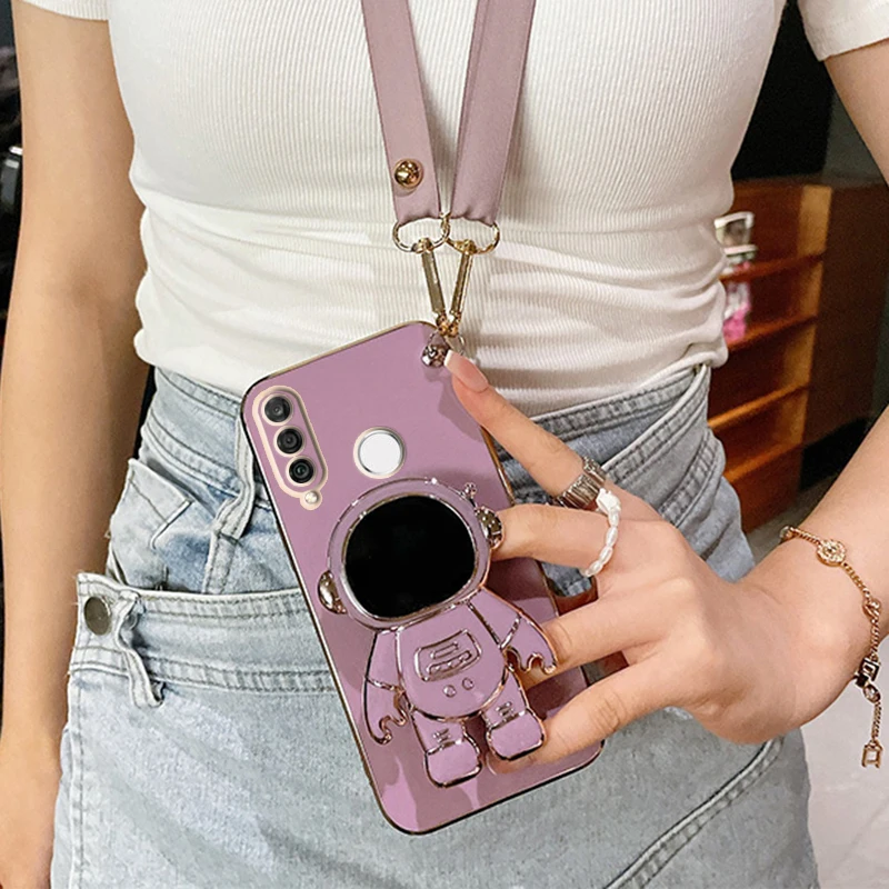 Astronaut Crossbody Lanyard Phone Držiteľ puzdro pre Huawei P Smart Plus Y7 Y9 Prime 2019 2020 2021 PSMart Z Pro Stand Back Cover