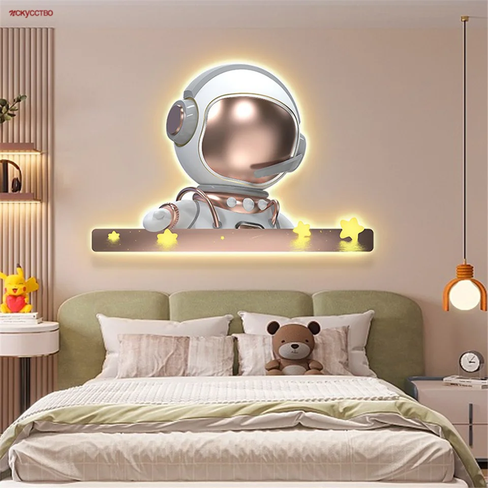 Astronaut karikatúra kreatívne deti visiace maľby LED nástenná lampa Boys Spálňa Štúdium nástenná batéria Box Nočné svetlo Domáca dekorácia