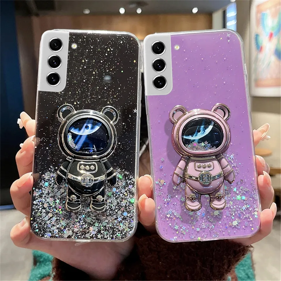 Astronaut Quicksand Stand Case pre Samsung Galaxy S24 S23 S22 S21 Ultra S20 Fe Poznámka 20 10 plus trblietky Transparentné hviezdne kryt