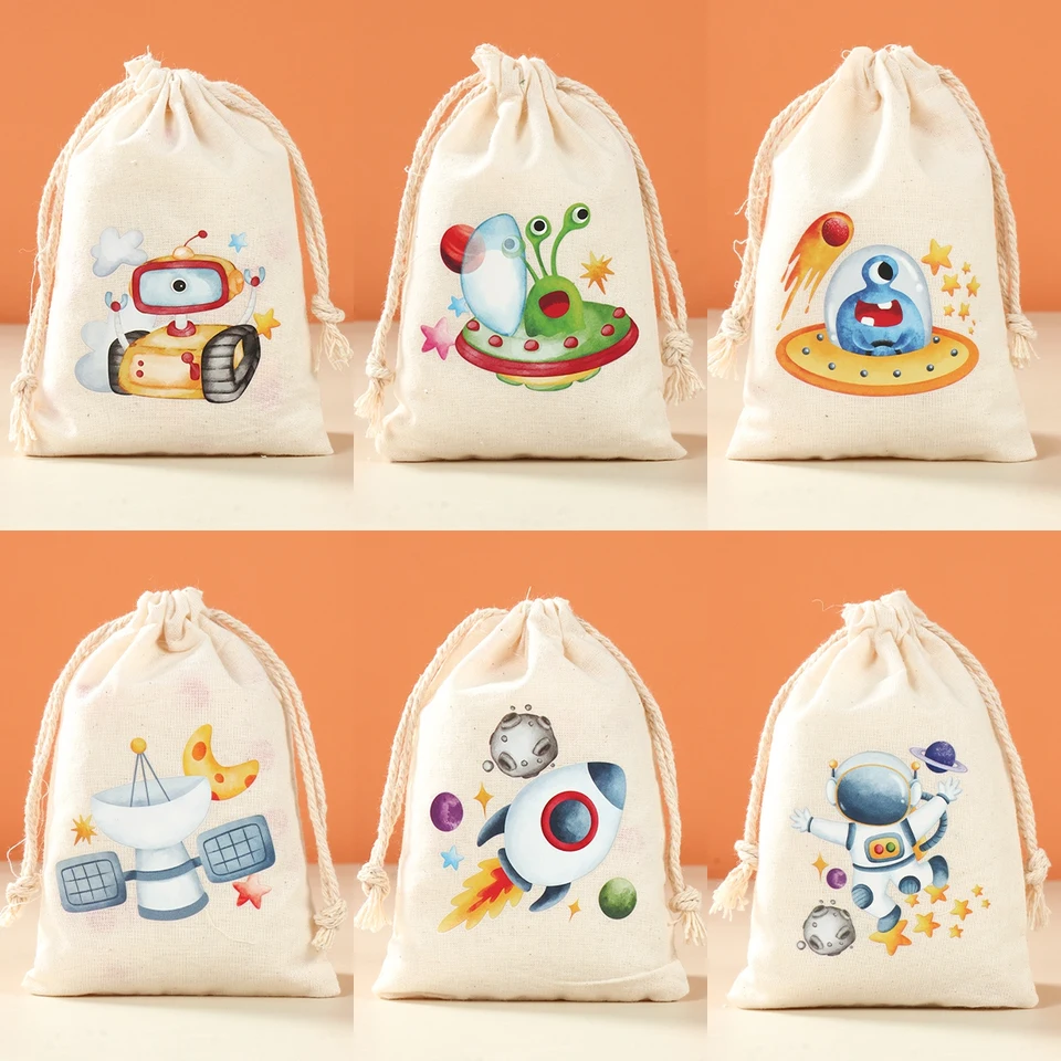 Astronauut raketová téma Catty Candy Bags Vonkajší priestor narodeninové oslavy dekorácie darčeky šperky hessian vrece vrecká balenie vrecka