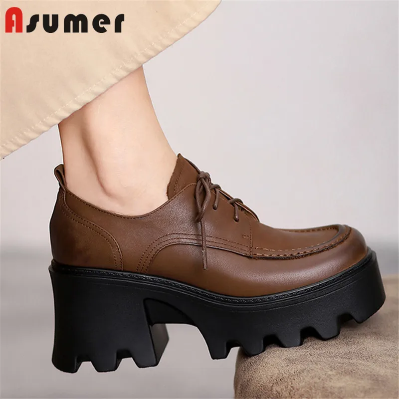 ASUMER 2022 NOVÝ CESE Originálne kožené topánky Dámske čerpadlá štvorcový šnurovanie Spring Vintage High podpätky Platforma topánky čierna