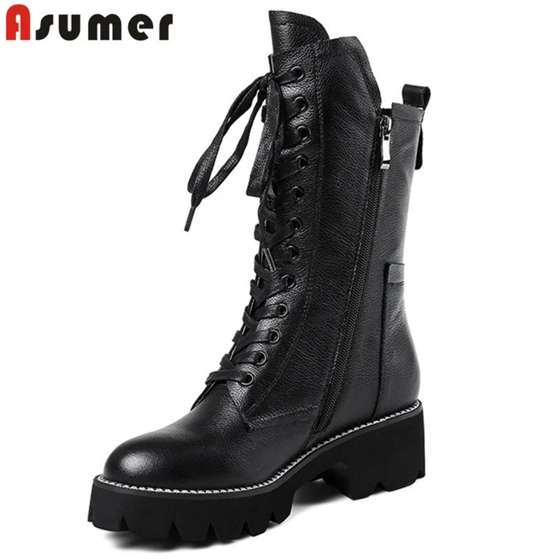 ASUMER Plné originálne kožené topánky Ženy Jeseň Zimné topánky Zip Kríž zviazané stredné topánky na štvorcové päty klasické platformy Botas