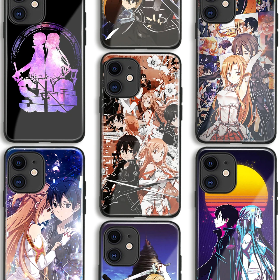 Asuna a Kirito Sao japonské anime mäkké sklo TPU sklenené puzdro pre iPhone SE3, 7 8 14 15 plus xs, 11, 12, 13 mini, 14, 15 pro max