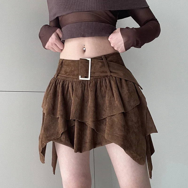Asymetrická viacvrstvová sukňa s pásom 2 kusy sada hnedých vintage štíhle Streetwear Kórejské sukne 2025