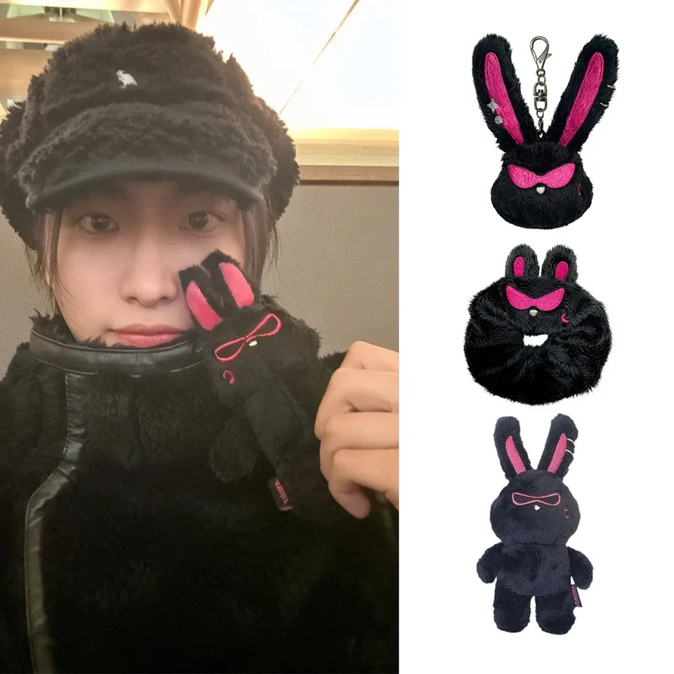 Ateez Keychain 13 cm karikatúra roztomilý plyšový vlasový pás Black dlhé ucho prívesok s taškou Accessorie Key Ring Kpop Idols Yeosang San Fanúšikovia darček