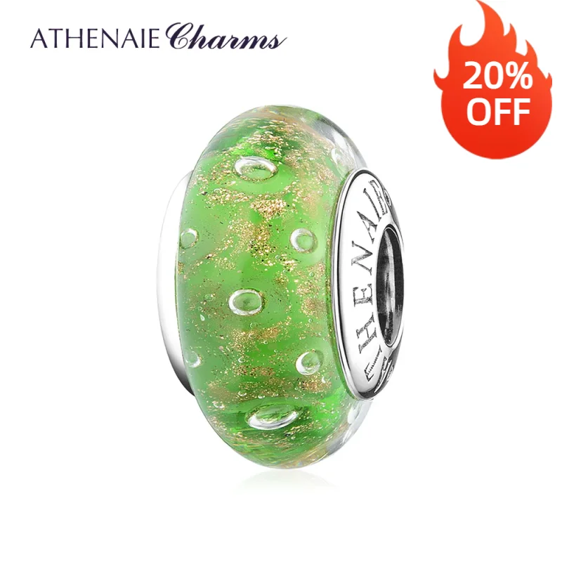 Athenaie 925 Sterling Silver Gold Sands Bubble Green Rainforest Talian Murano Glass Charms Fit DIY náramok náhrdelník