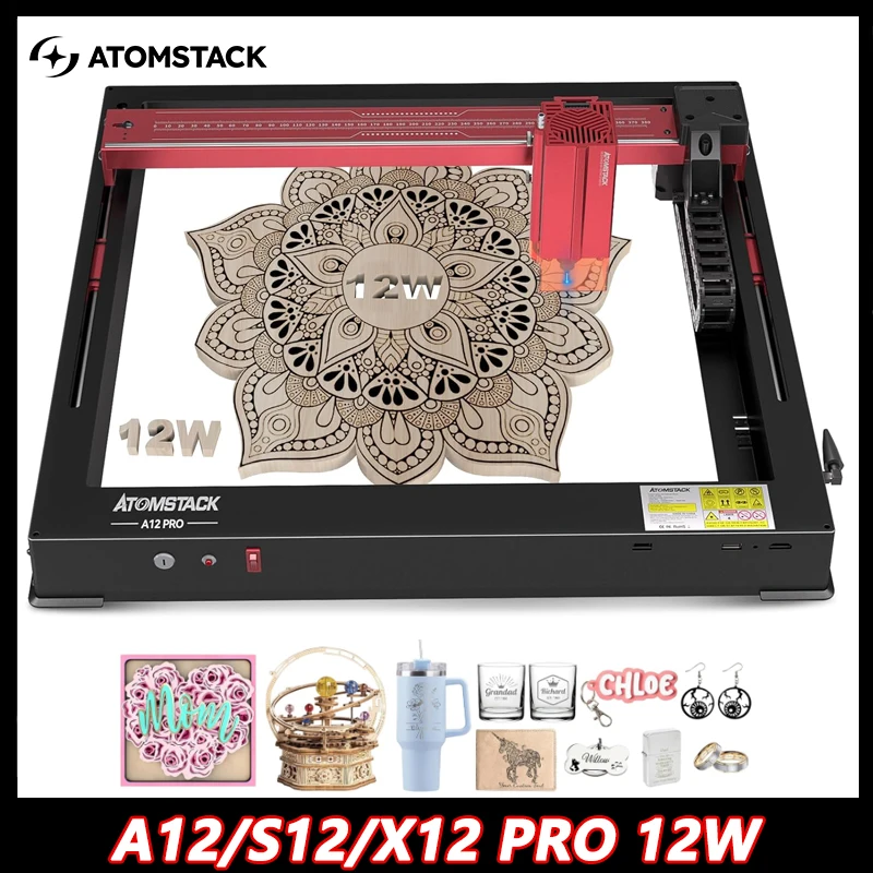 AtomStack A12 X12 Pro 50W Laserová tlačiareň integrovaný rám DIY Domáce komerčné MDF kožené mramorové mini laserové rytie