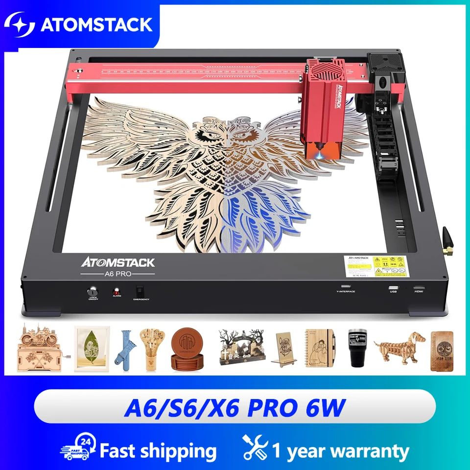 AtomStack A6 X6 Pro 50W Drevený stroj Domov DIY Logo Tlač pre drevo MDF akrylové mini laserové strihanie stroja