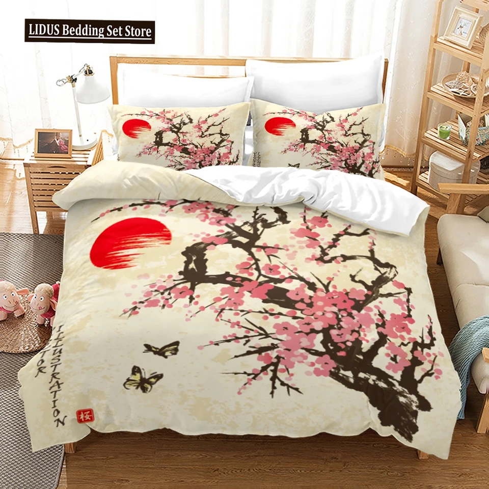 Atramentová maľba Ocra a pokrýva kráľ kráľovná veľkosť stromu kmeň kmeň slnko slivky zimná prírodná scenéria Polyester Bedspreads pokrytie pre deti