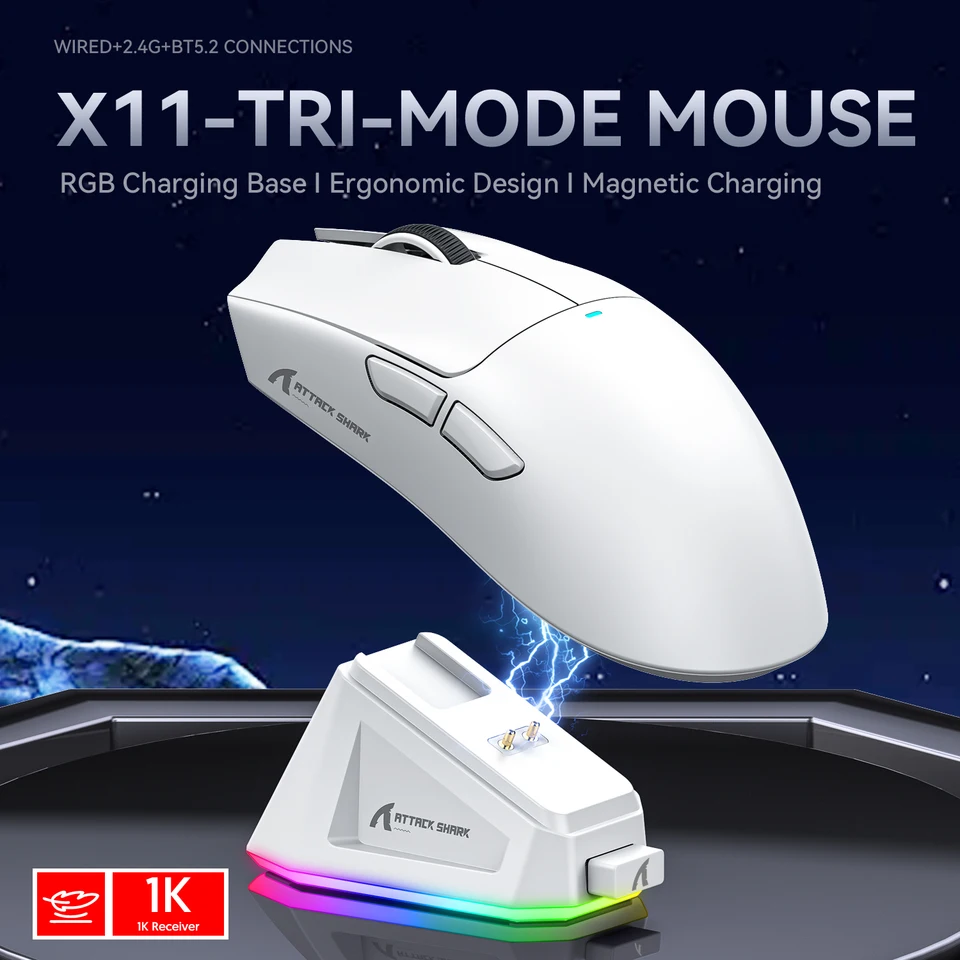 Attack Shark X11 Wireless Bluetooth Mouse, Paw3311 Tri-režim 2,4G, 400ips RGB, herná myš