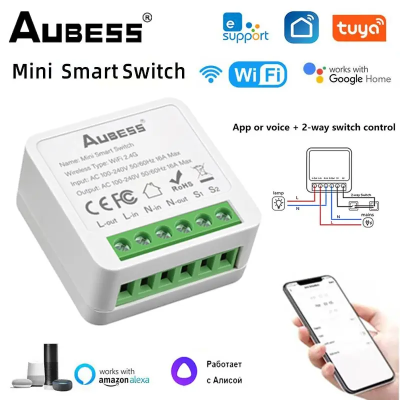 Aubess Tuya WiFi 16a Smart Home Switch Mini DIY Control Smart Home Automation Modul cez Alexa Google Home Alice Smart Life App