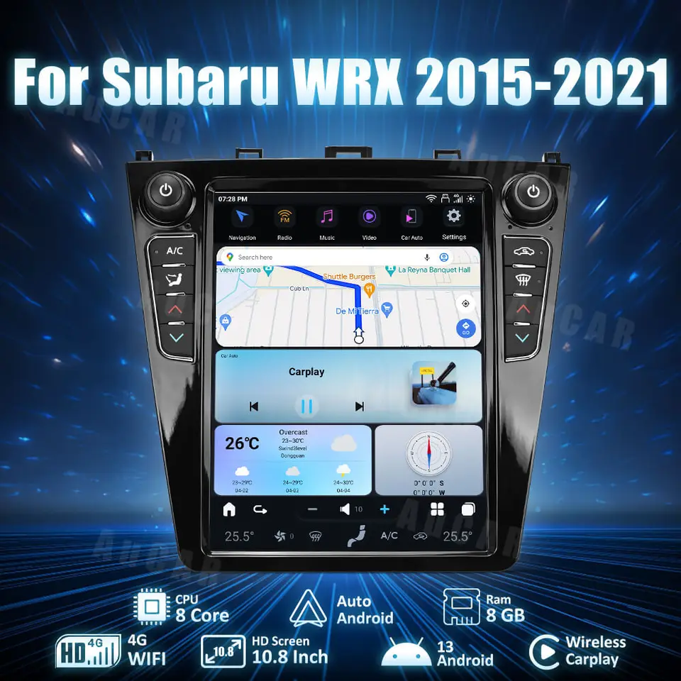 Aucar 10.8 '' Tesla Style Android 13 Car Radio Video Multimediálny hráč Stereo Head Unit GPS navigácia pre Subaru WRX 2015-2021