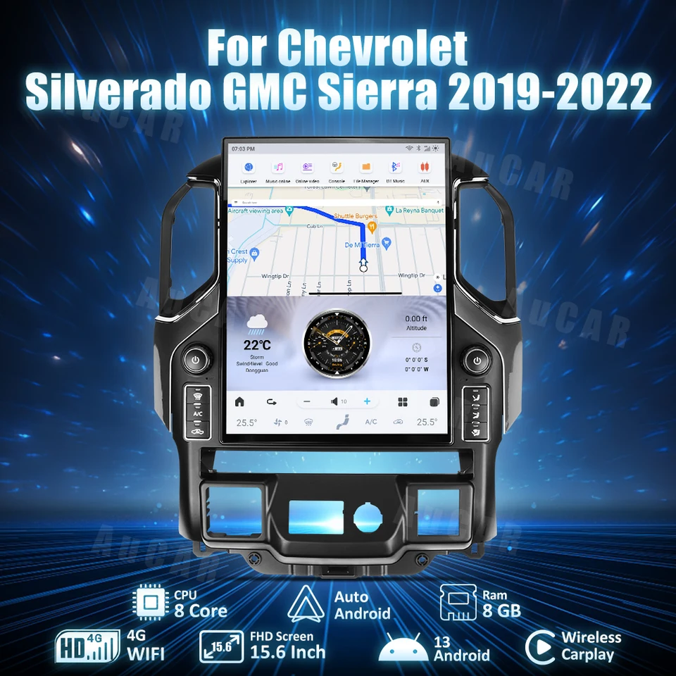 Aucar T-Style Car Stereo Android 13.0 Hlava jednotka DVD Car pre Rádio pre Chevrolet Silverado GMC Sierra 2019-2022 15,6 palca