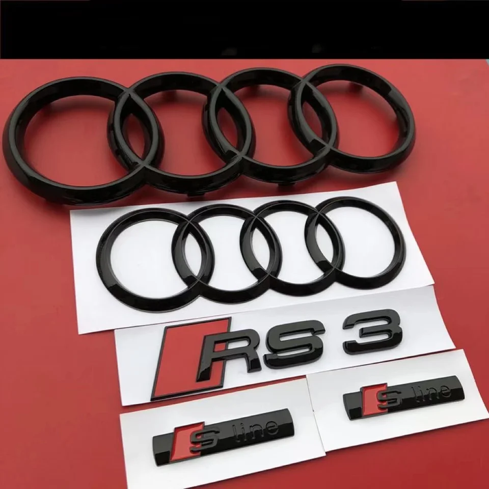 Audi RS3 2016-2020 SLINE EMBLEM 4-RING LOGO ABS Čierna kapucňa Predný gril Zadný nálepka