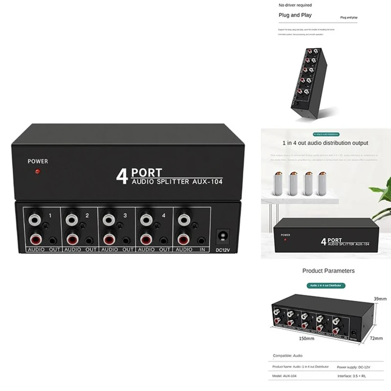 Audio splitter 1 v 4 out RCA L/R AUX Stereo Audio Splitter 1x4 Audio Distributor pre PC DVD reproduktor Splitte
