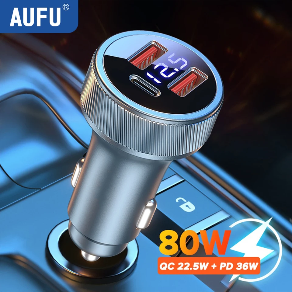 Aufu 3 porty 80W nabíjačky automobilu Rýchle nabíjanie PD QC3.0 USB C nabíjačku na nabíjačku typu C Typ C Adaptér v aute pre iPhone Samsung iPad laptop